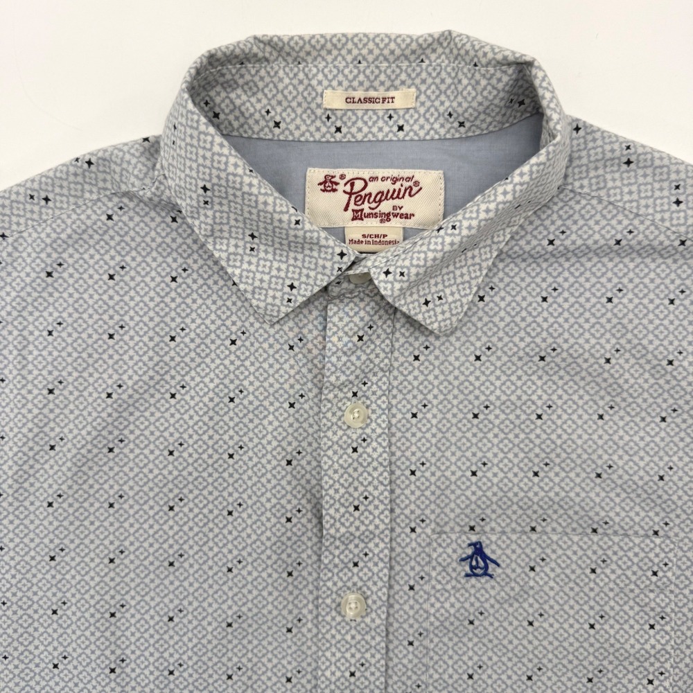 Original Penguin Button Down Mens Small Blue Geometric Classic Fit Short Sleeve